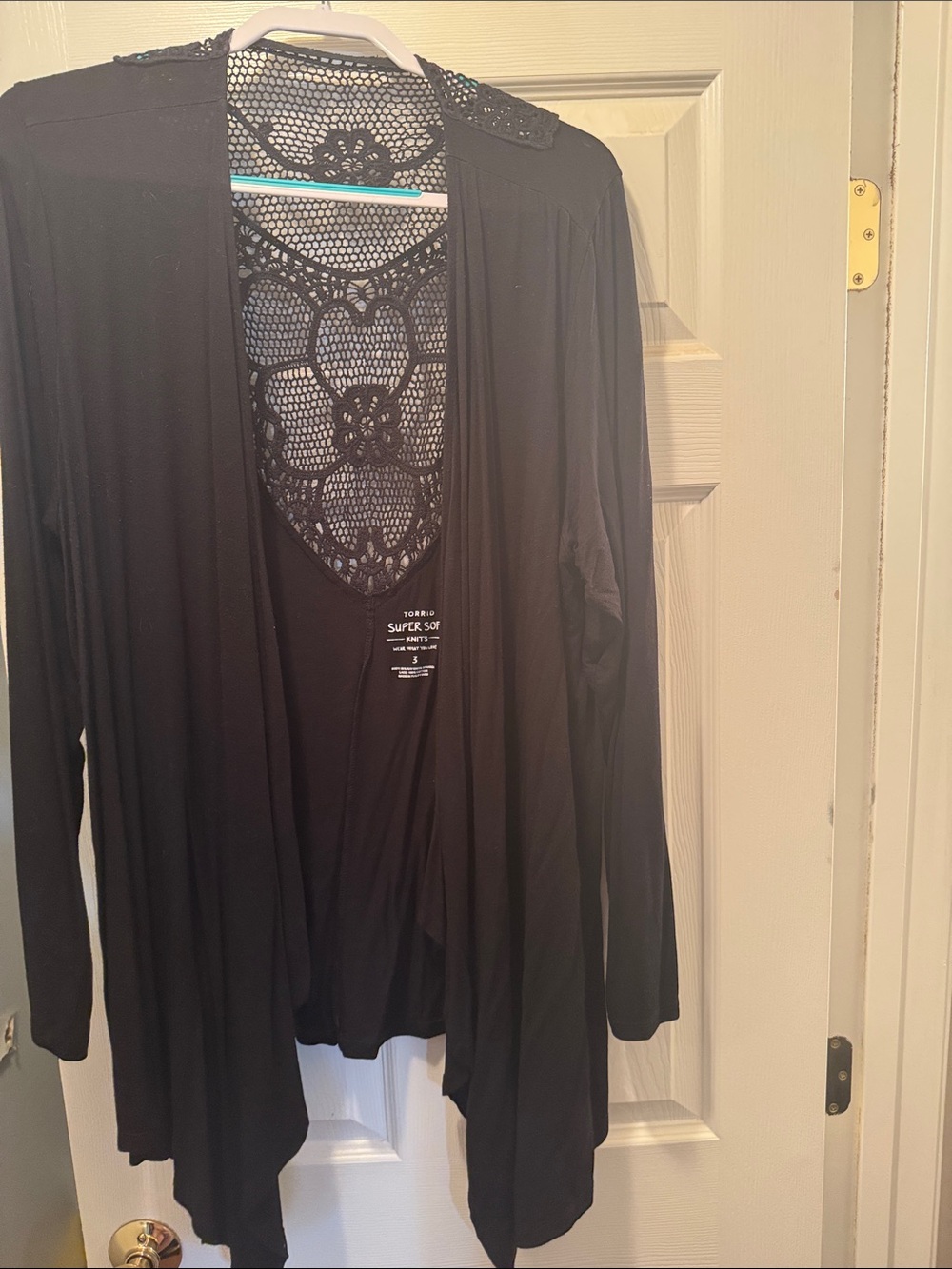 torrid Black Open Front Cardigan with Crochet Back Detail